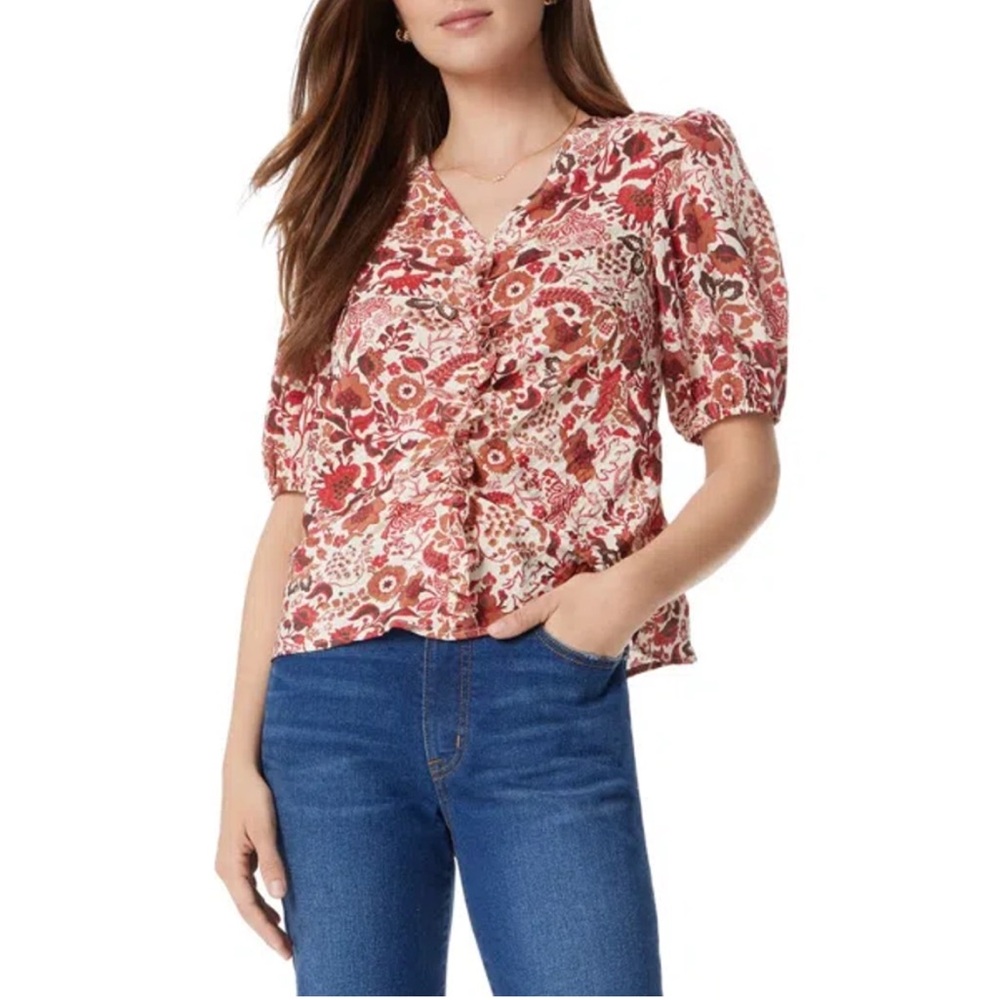 NEW Sam Edelman Dakota Floral Puff Sleeve Ruched V-Neck Blouse Seedpearl Red Med